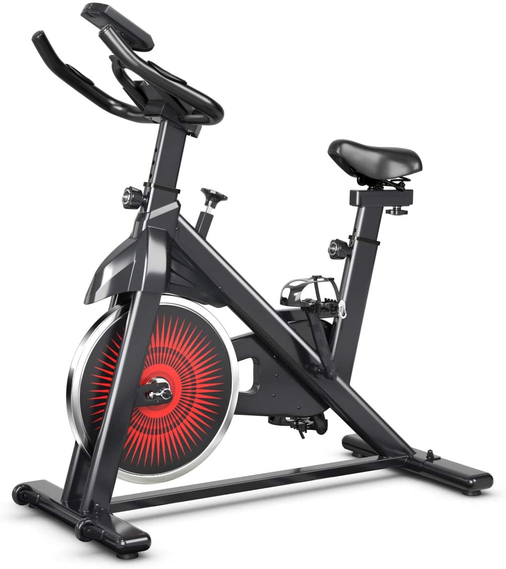 Indoor Cycling, Spinning Bicycle with Adjustable Seat and Handlebar, Phone Holder, LCD Heart Rate Monitor-White