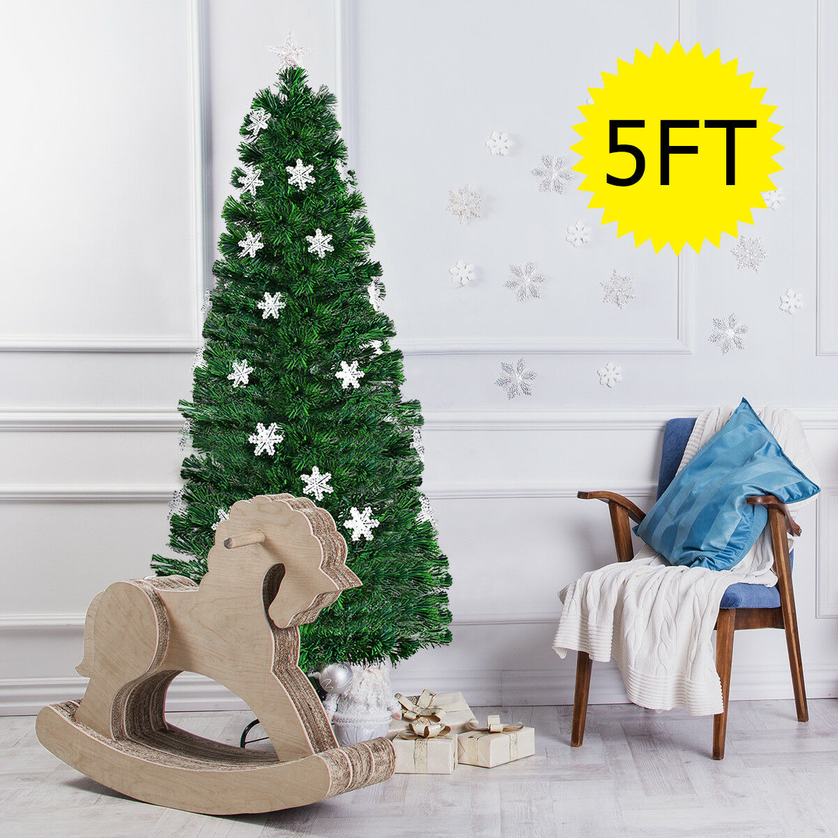 3/4/5/6 Feet Artificial Fibre Optic Christmas Tree with Snowflakes Top Star-5 ft