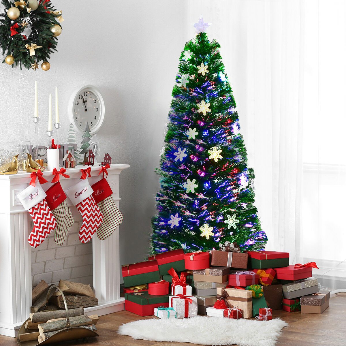 3/4/5/6 Feet Artificial Fibre Optic Christmas Tree with Snowflakes Top Star-5 ft