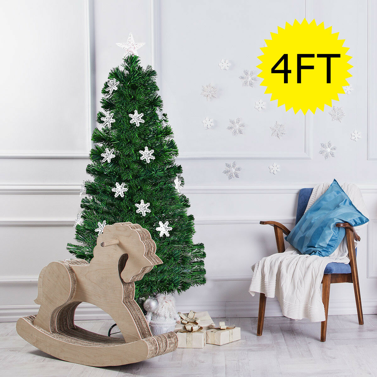 3/4/5/6 Feet Artificial Fibre Optic Christmas Tree with Snowflakes Top Star-4 ft