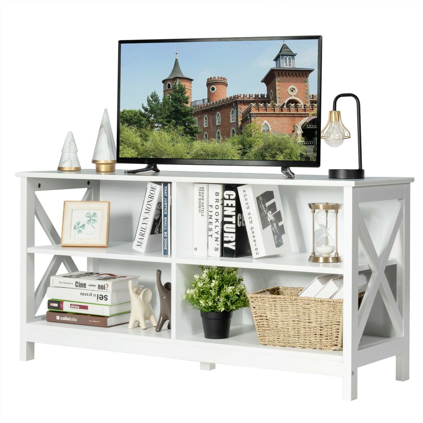 Wooden TV Stand Table with 3-Tier Shelf-White