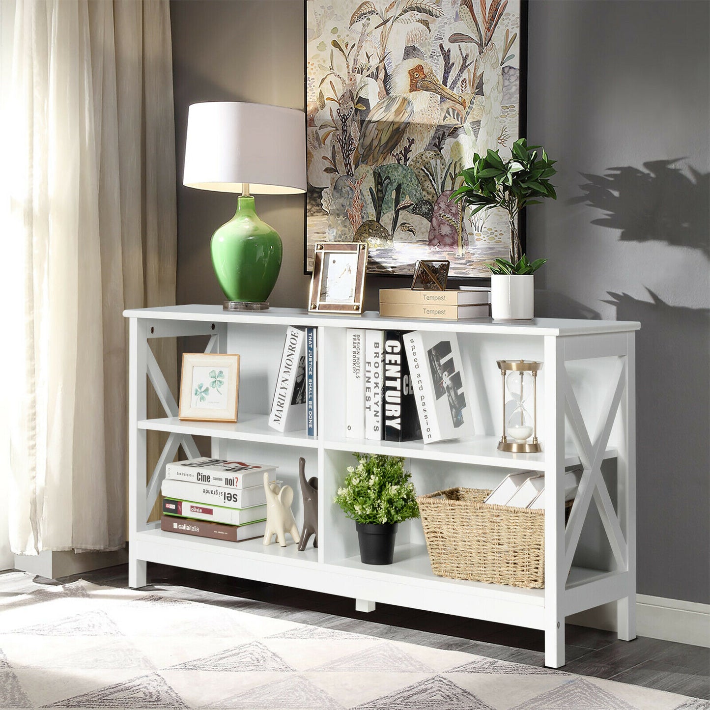 Wooden TV Stand Table with 3-Tier Shelf-White
