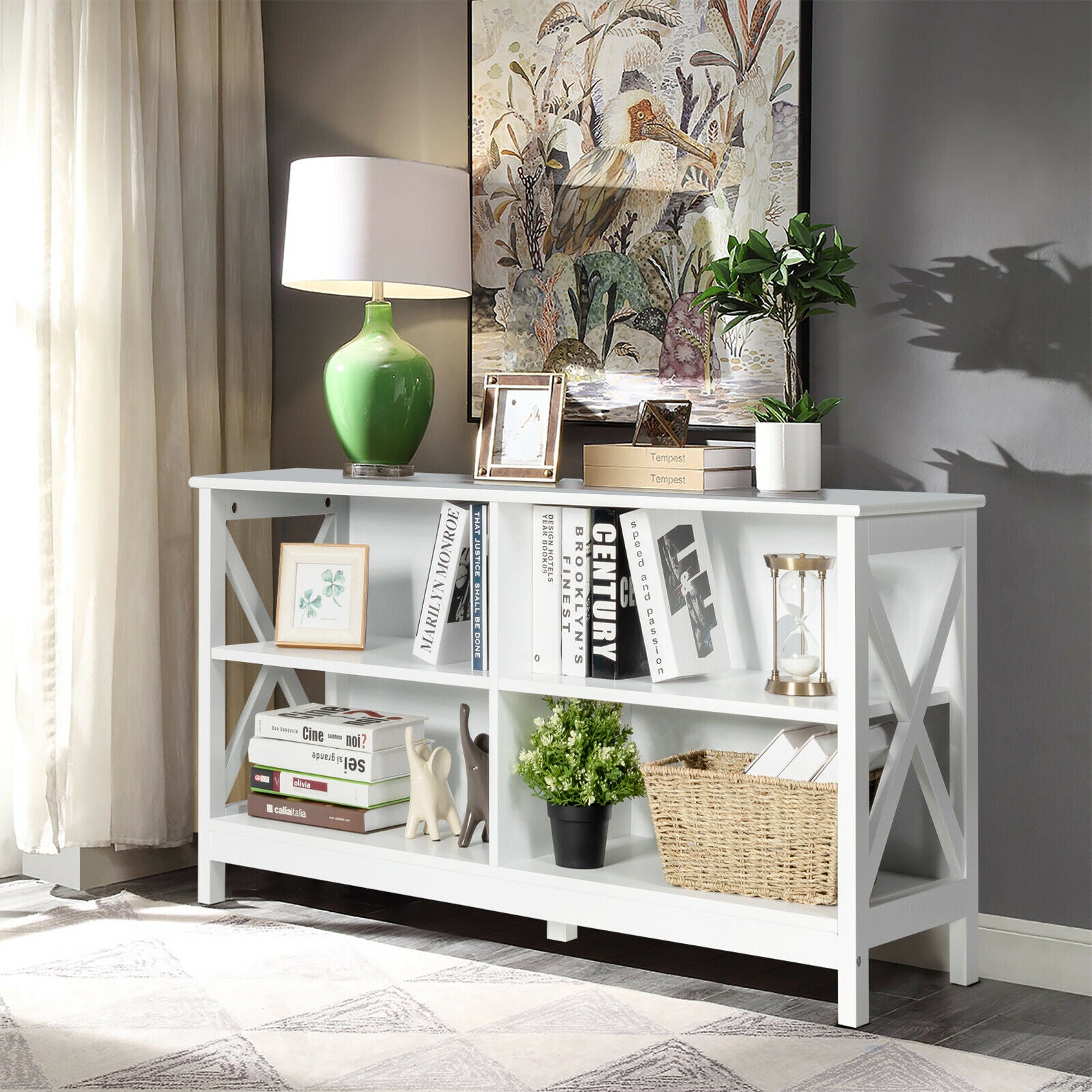 Wooden TV Stand Table with 3-Tier Shelf-White