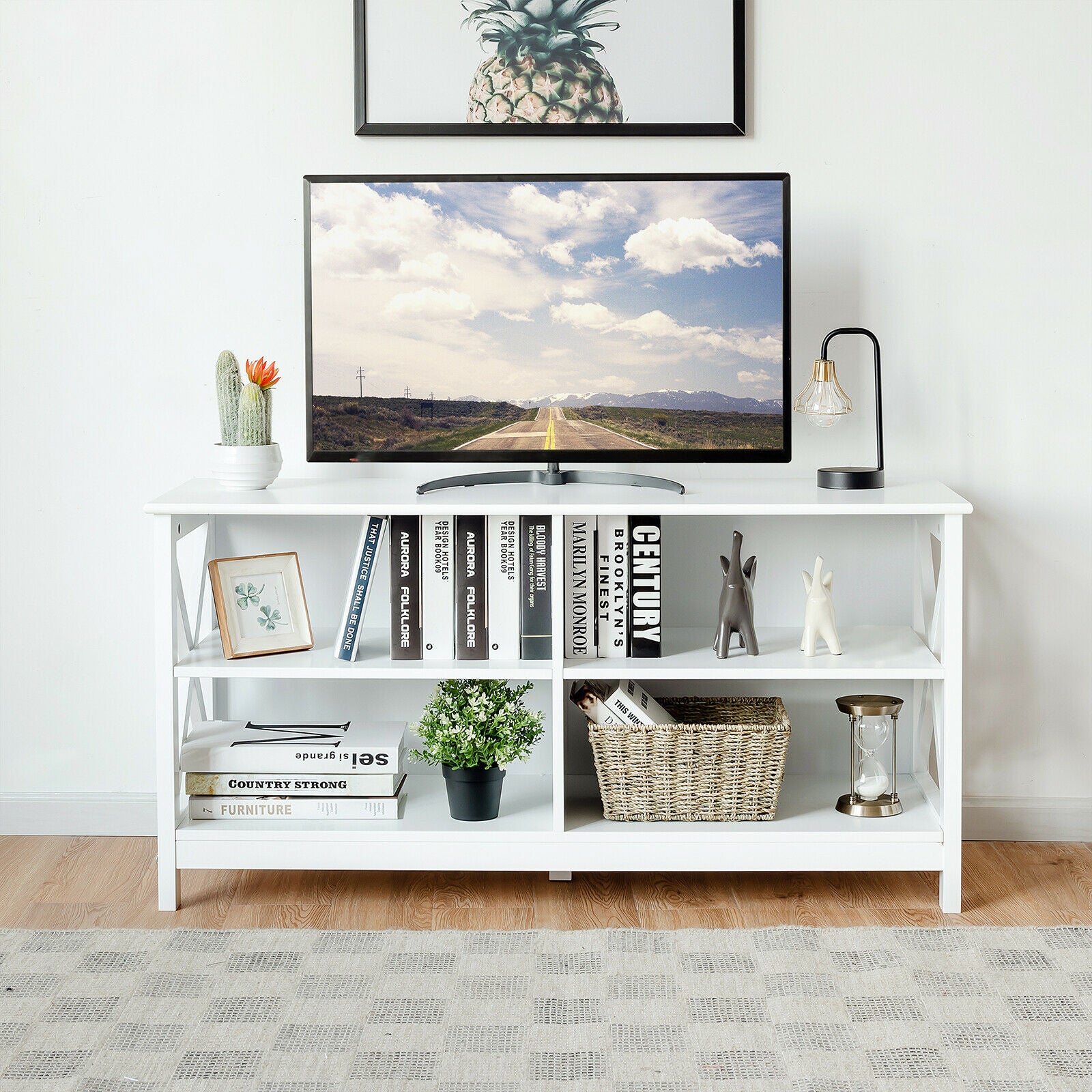 Wooden TV Stand Table with 3-Tier Shelf-White