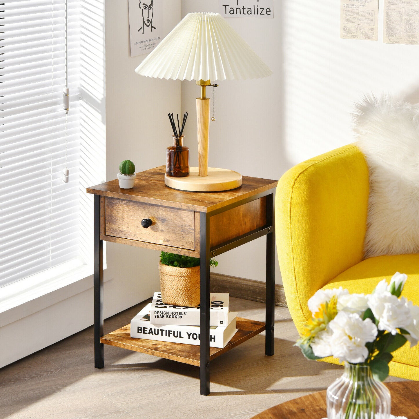 2-Tier Industrial End Table with Drawer & Open Shelf