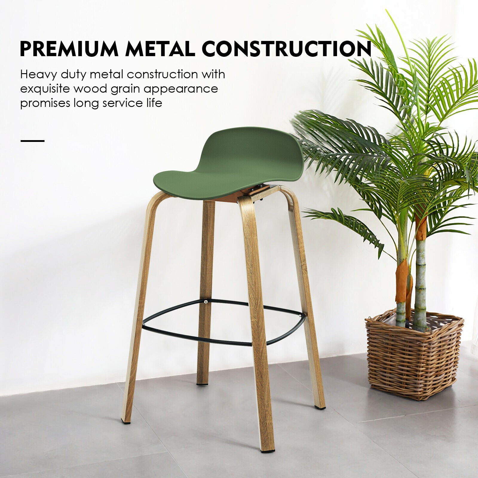 2 x Bar Chairs, High Counter Stools with Footrest-Green