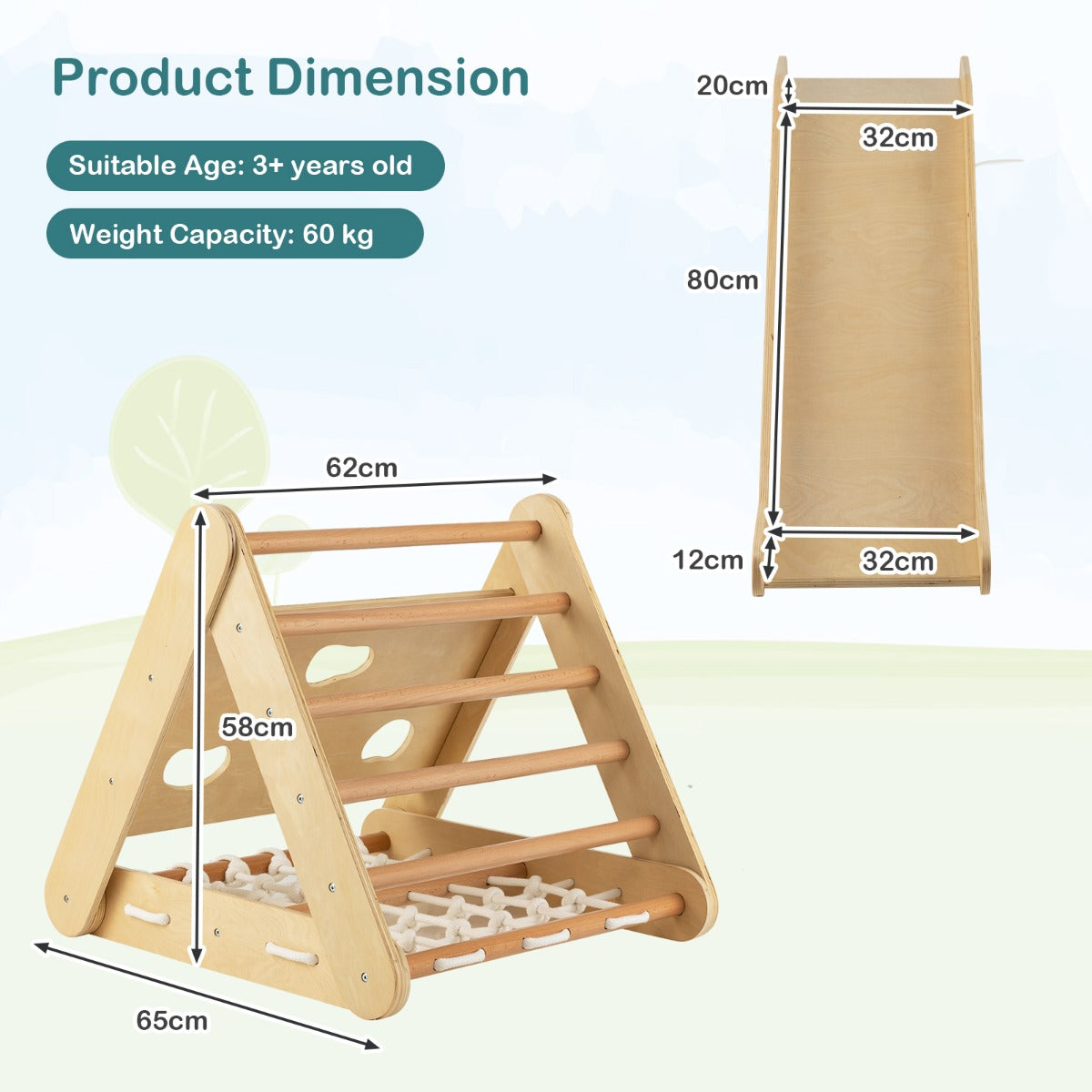 4-in-1 Wooden Triangle Climbing Set with Ramp Sliding Board-Natural