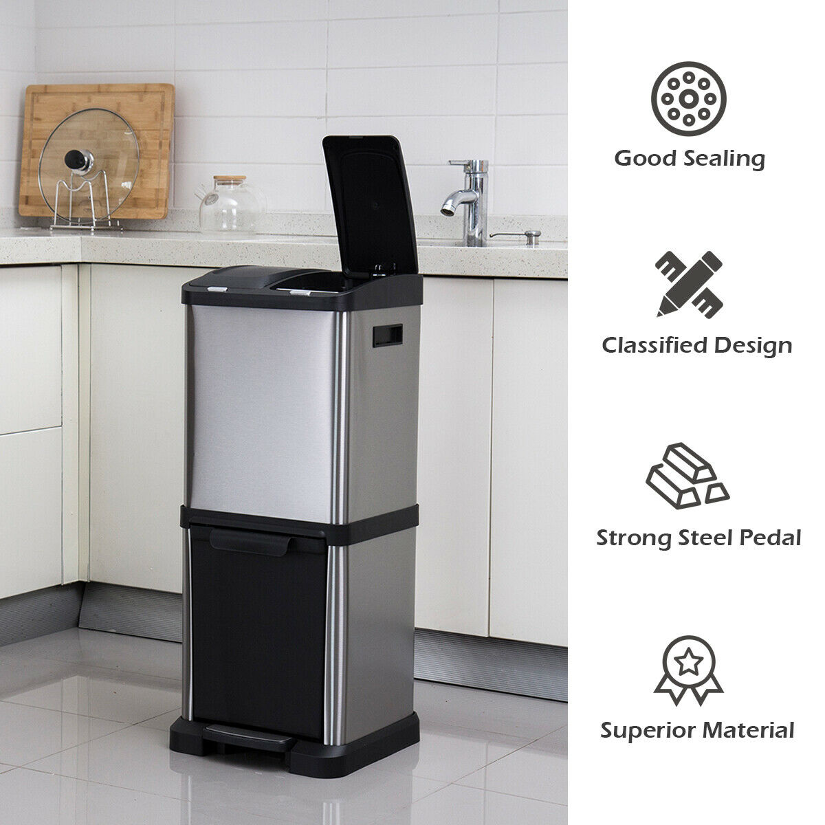 32L Stainless Steel Recycling Pedal Bin