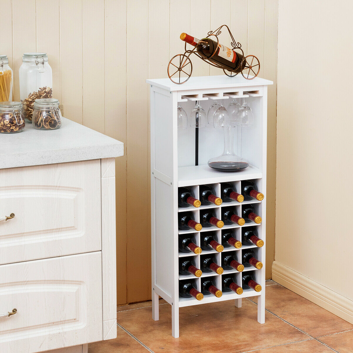 Wine Rack 20 Bottles Wood Holder Display-White