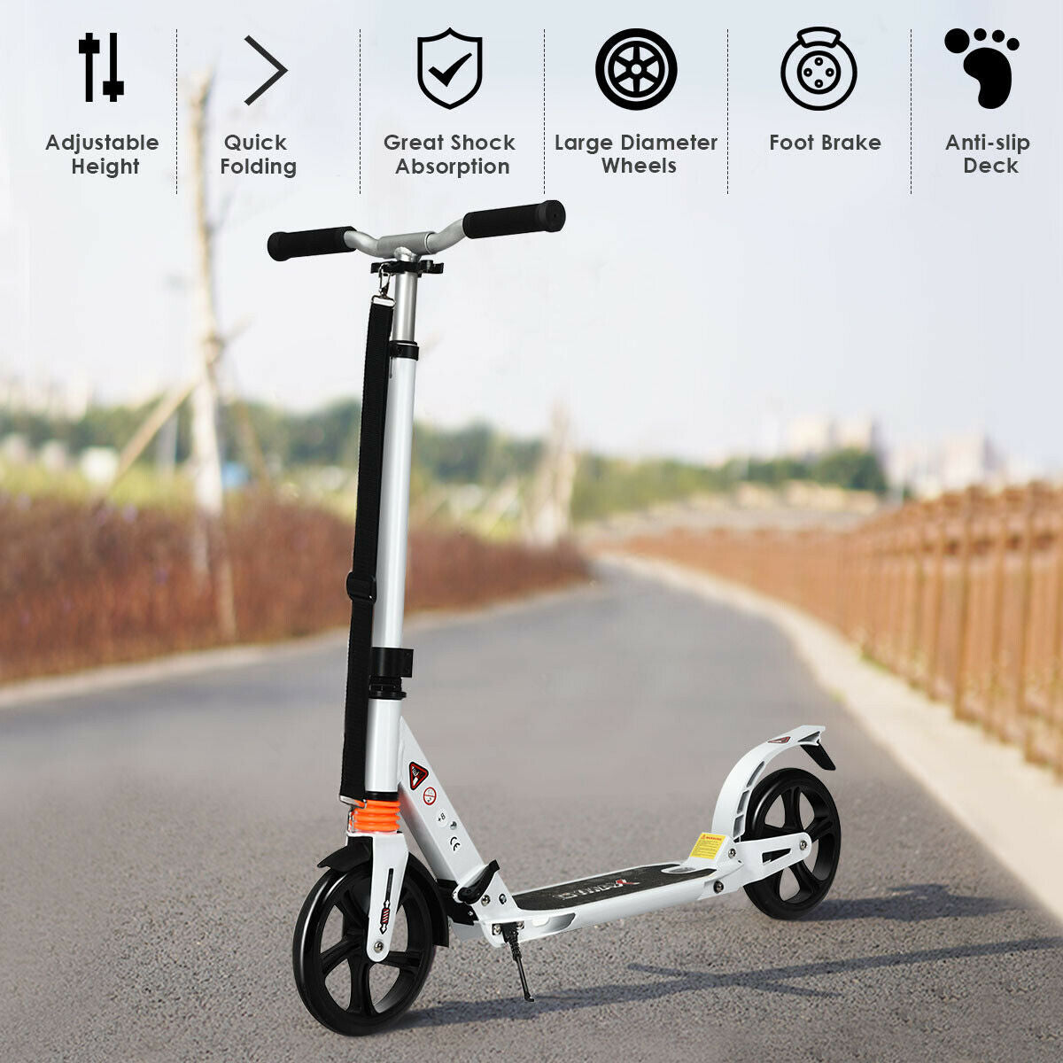 Pro Push Stunt Kick Scooter with Adjustable Bar and Carry Strap-White