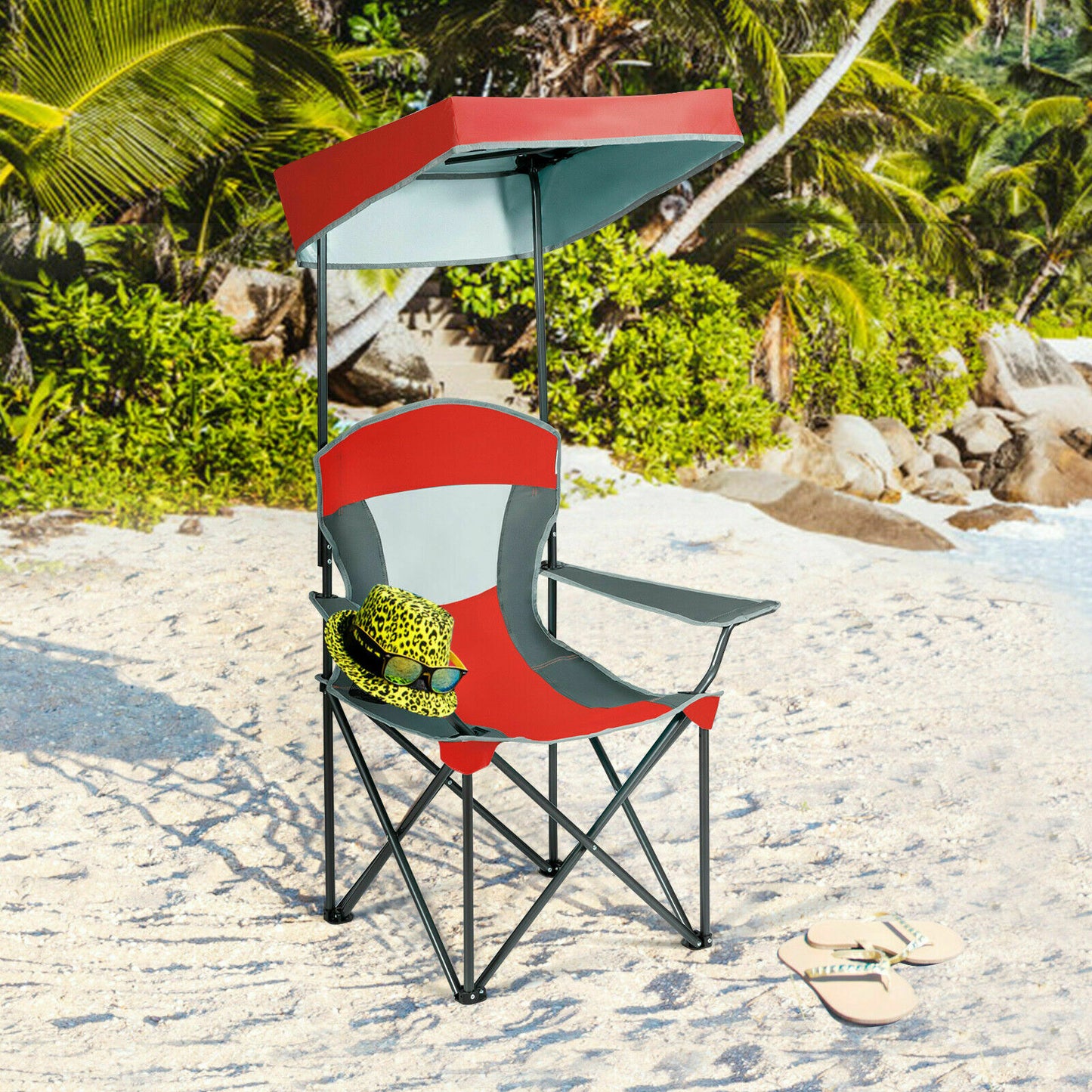 Folding Camping Chair with Canopy & Cup Holder-Red