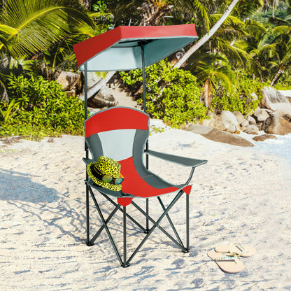 Folding Camping Chair with Canopy & Cup Holder-Red