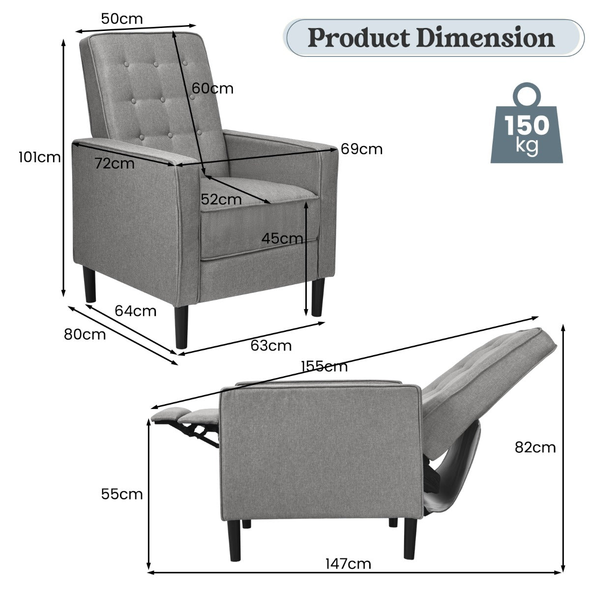 3-Position Adjustable Sofa Chair Leisure Seat with Extendable Footrest-Grey