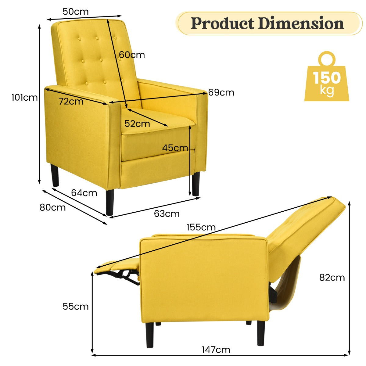 3-Position Adjustable Sofa Chair Leisure Seat with Extendable Footrest-Yellow