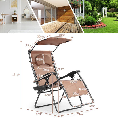 Oversized Folding Zero Gravity Recliner with Adjustable Canopy Shade-Coffee