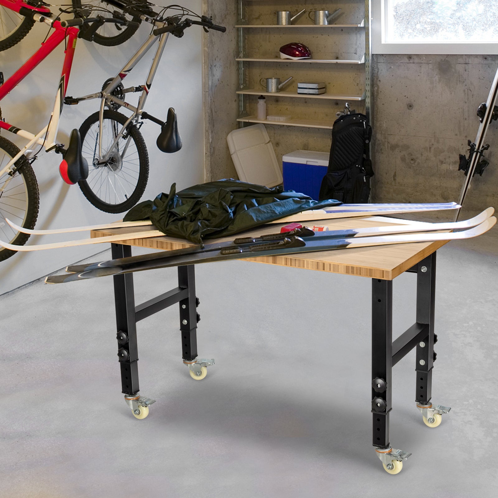 Workbench Raisable 10 Level Height Adjustable Workbench with 4 Lockable Casters-Natural ...