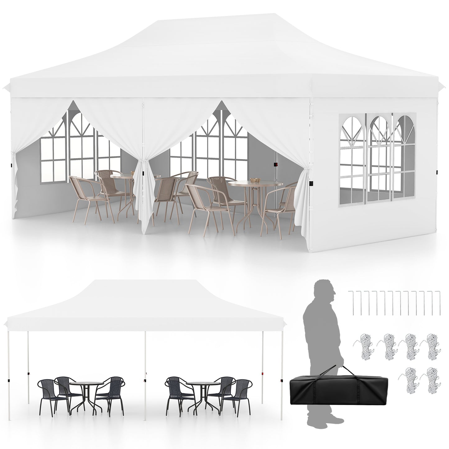Pop-up Canopy Tent with 6 Detachable Sidewalls and Carrying Bag-White