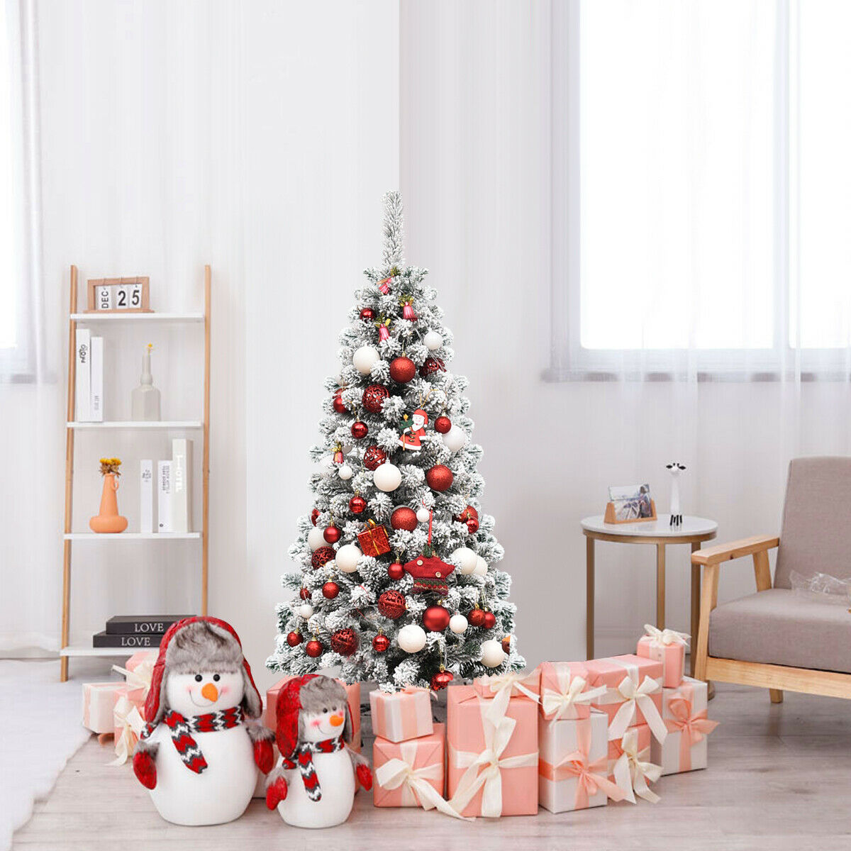 4.5FT Artificial Pencil Christmas Tree Pre-Lit Snow
