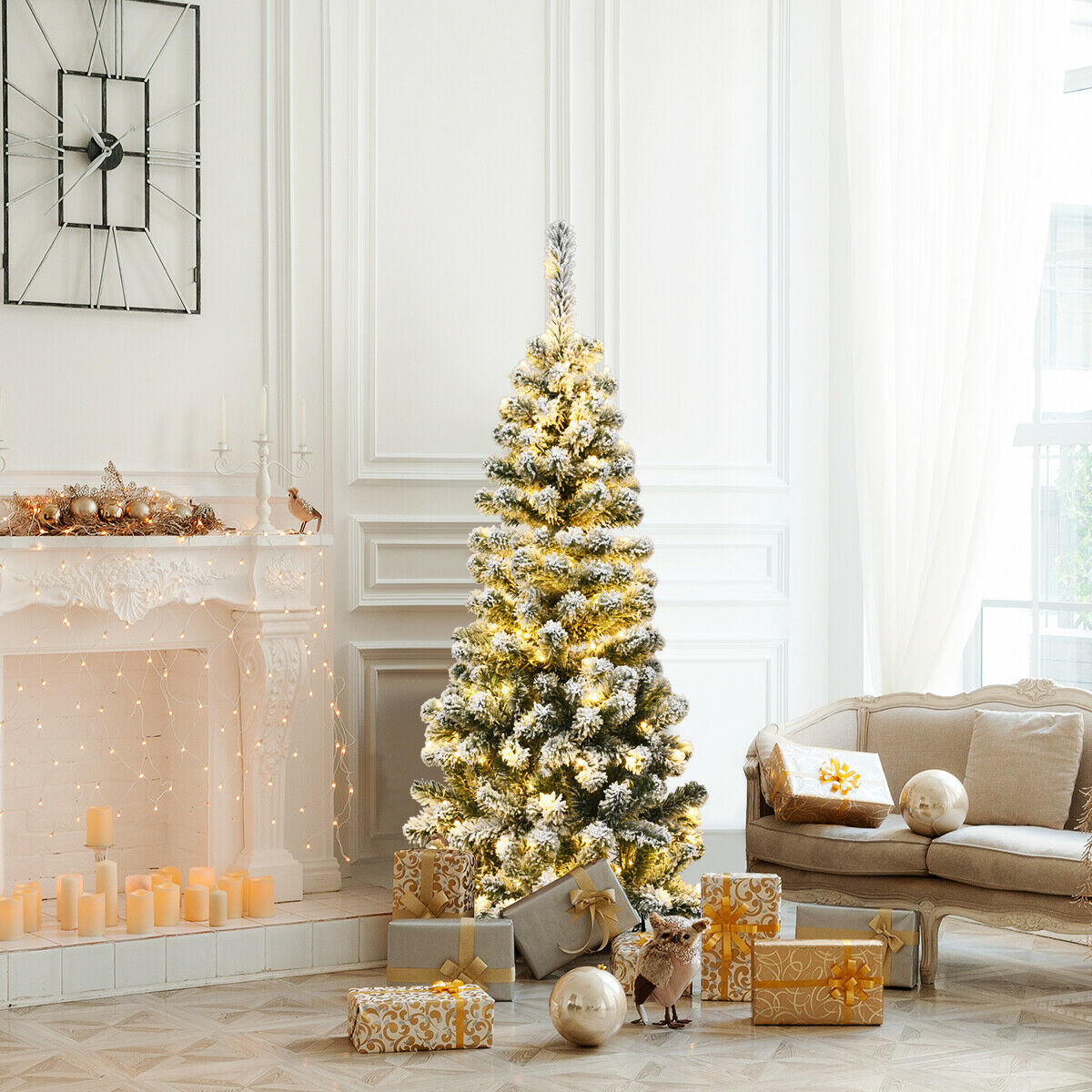 4.5FT Artificial Pencil Christmas Tree Pre-Lit Snow