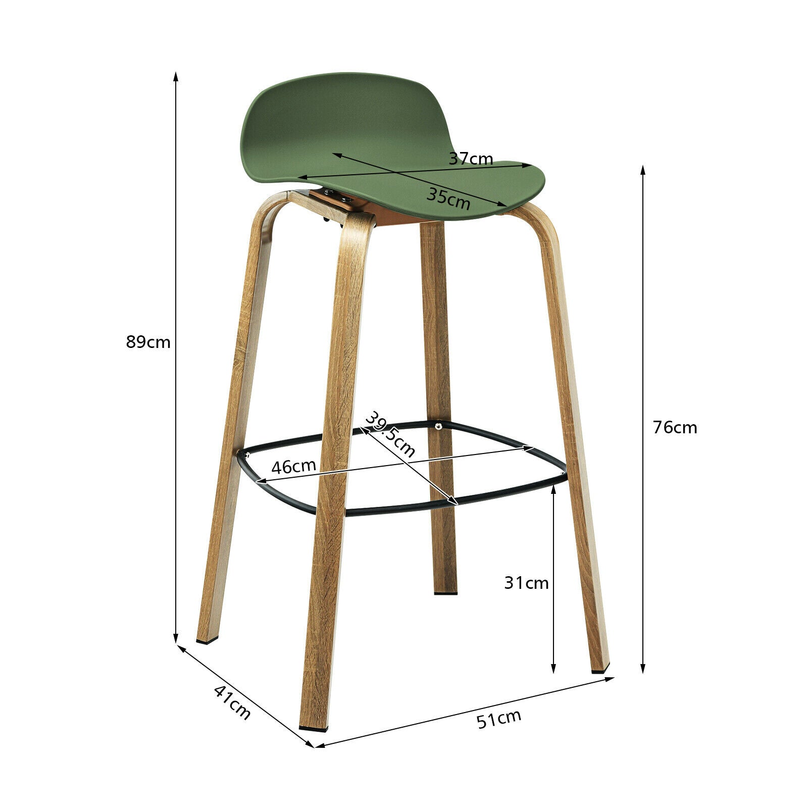 2 x Bar Chairs, High Counter Stools with Footrest-Green