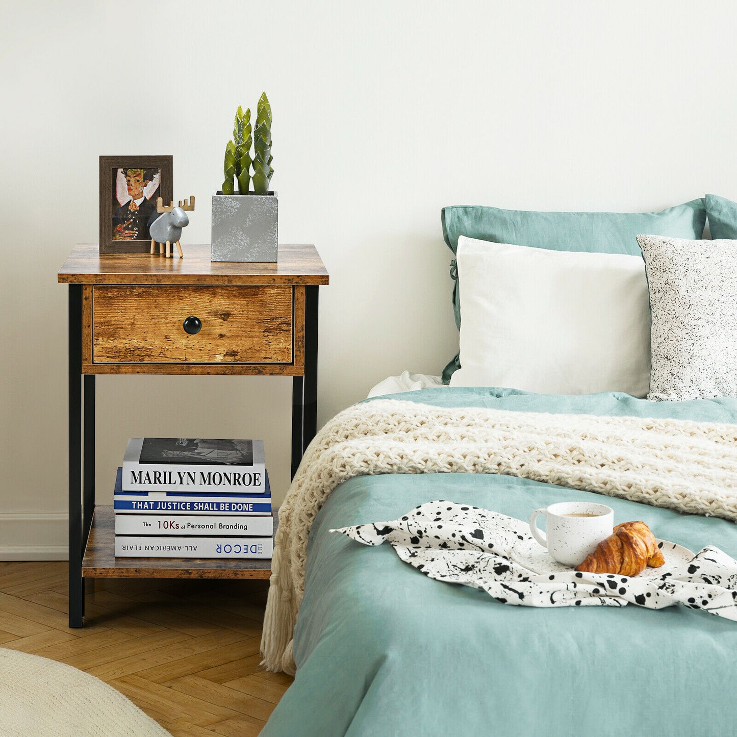 2-Tier Industrial End Table with Drawer & Open Shelf