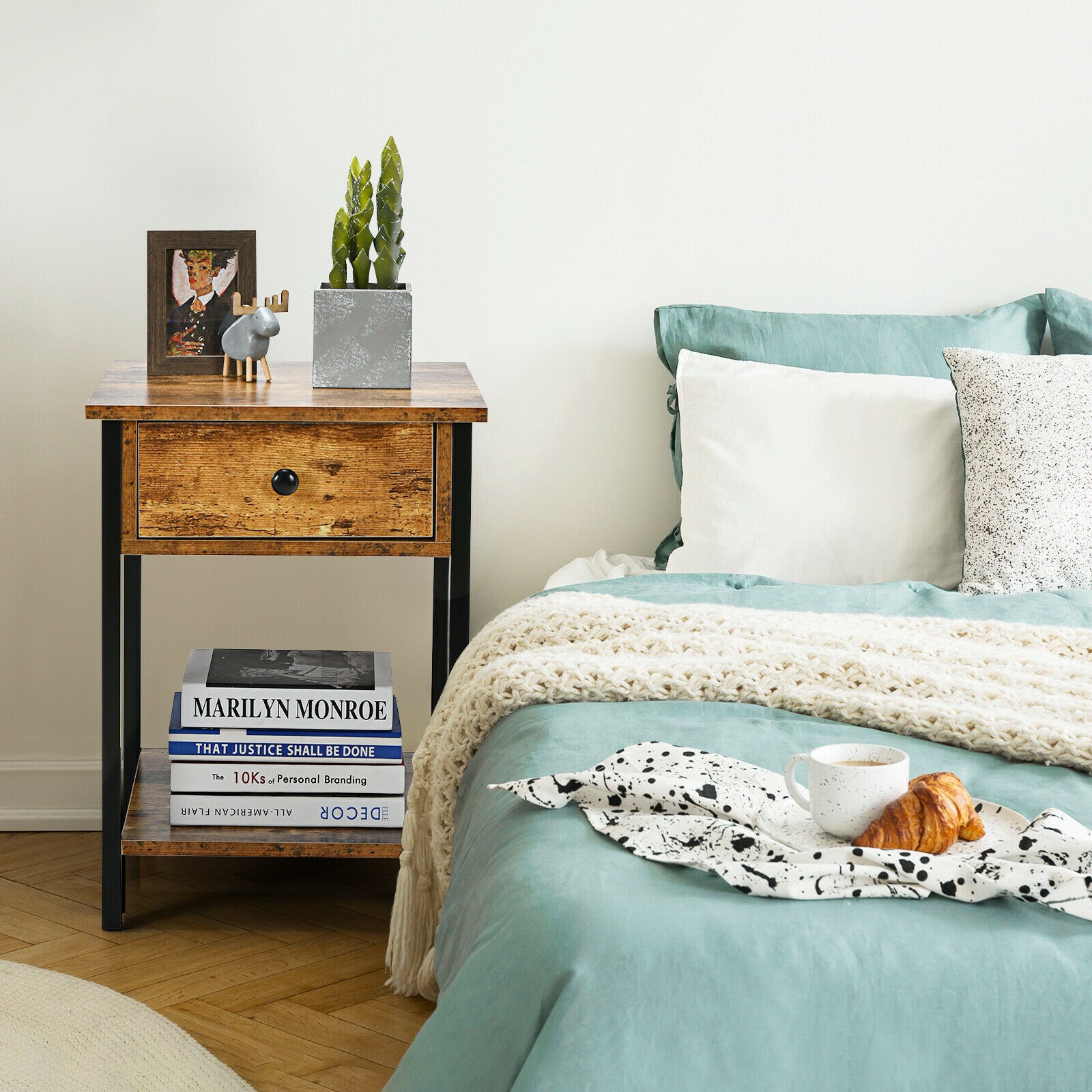 2-Tier Industrial End Table with Drawer & Open Shelf