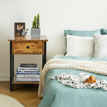 2-Tier Industrial End Table with Drawer & Open Shelf