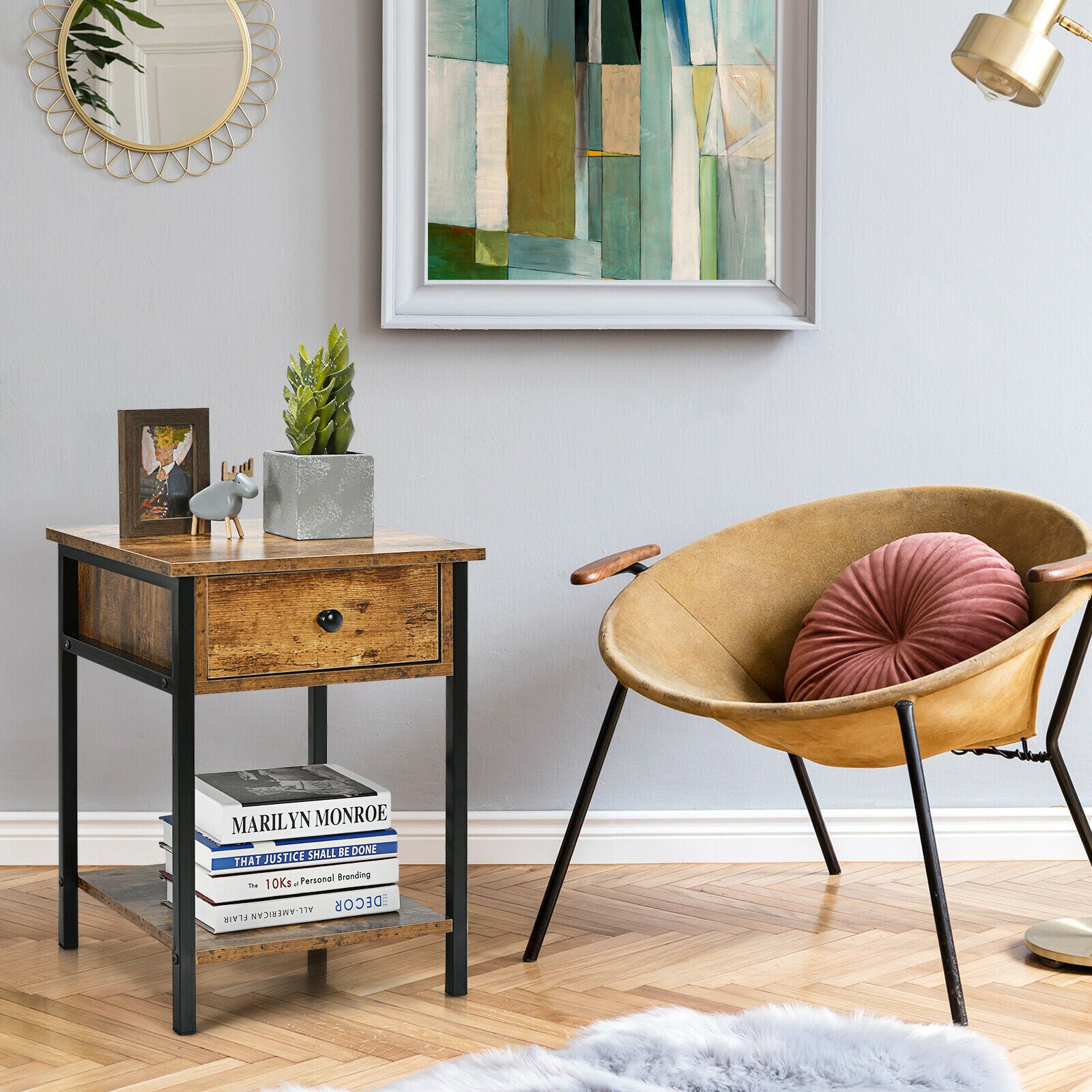 2-Tier Industrial End Table with Drawer & Open Shelf