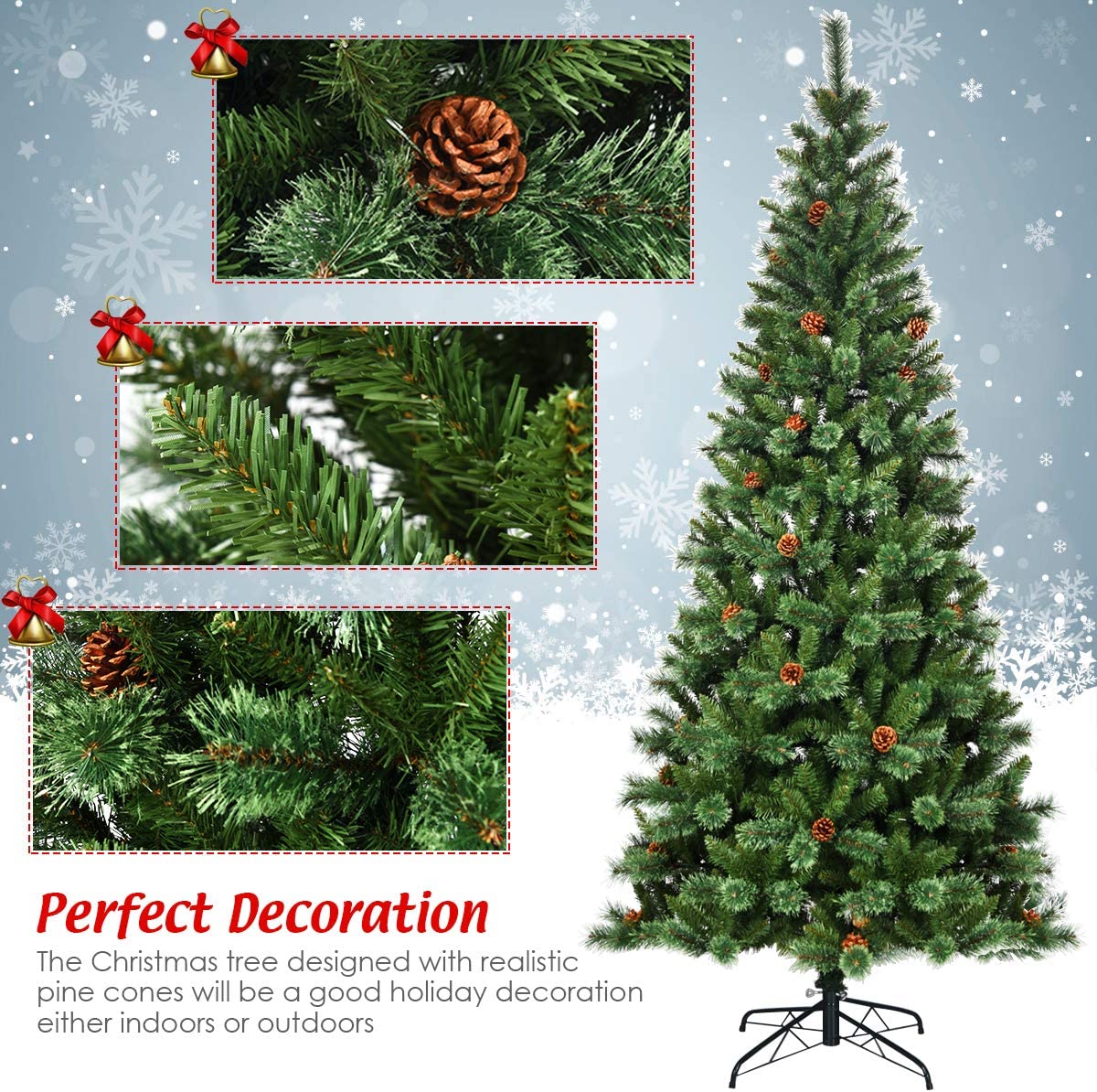 8ft Christmas Hinged Tree with Mixed Pine Needles, Cones, and Metal Stand