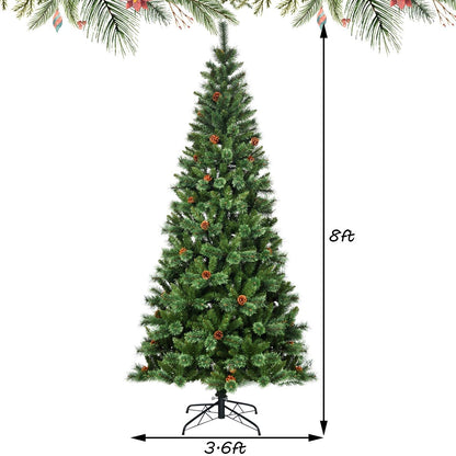 8ft Christmas Hinged Tree with Mixed Pine Needles, Cones, and Metal Stand