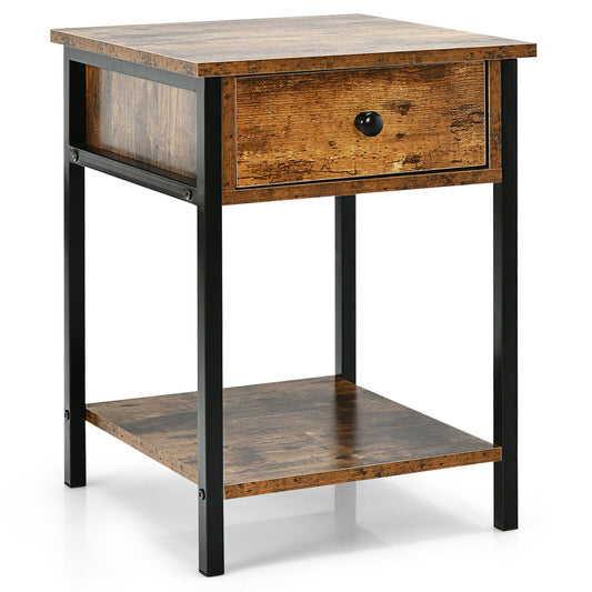 2-Tier Industrial End Table with Drawer & Open Shelf