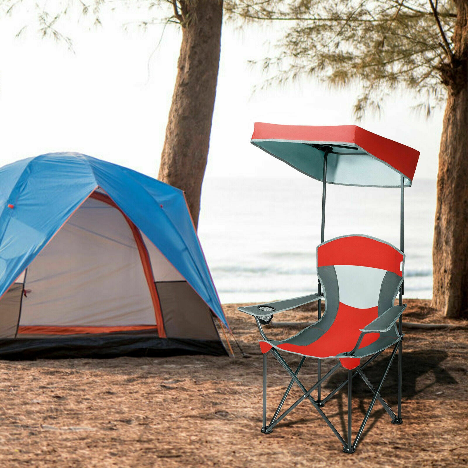 Folding Camping Chair with Canopy & Cup Holder-Red