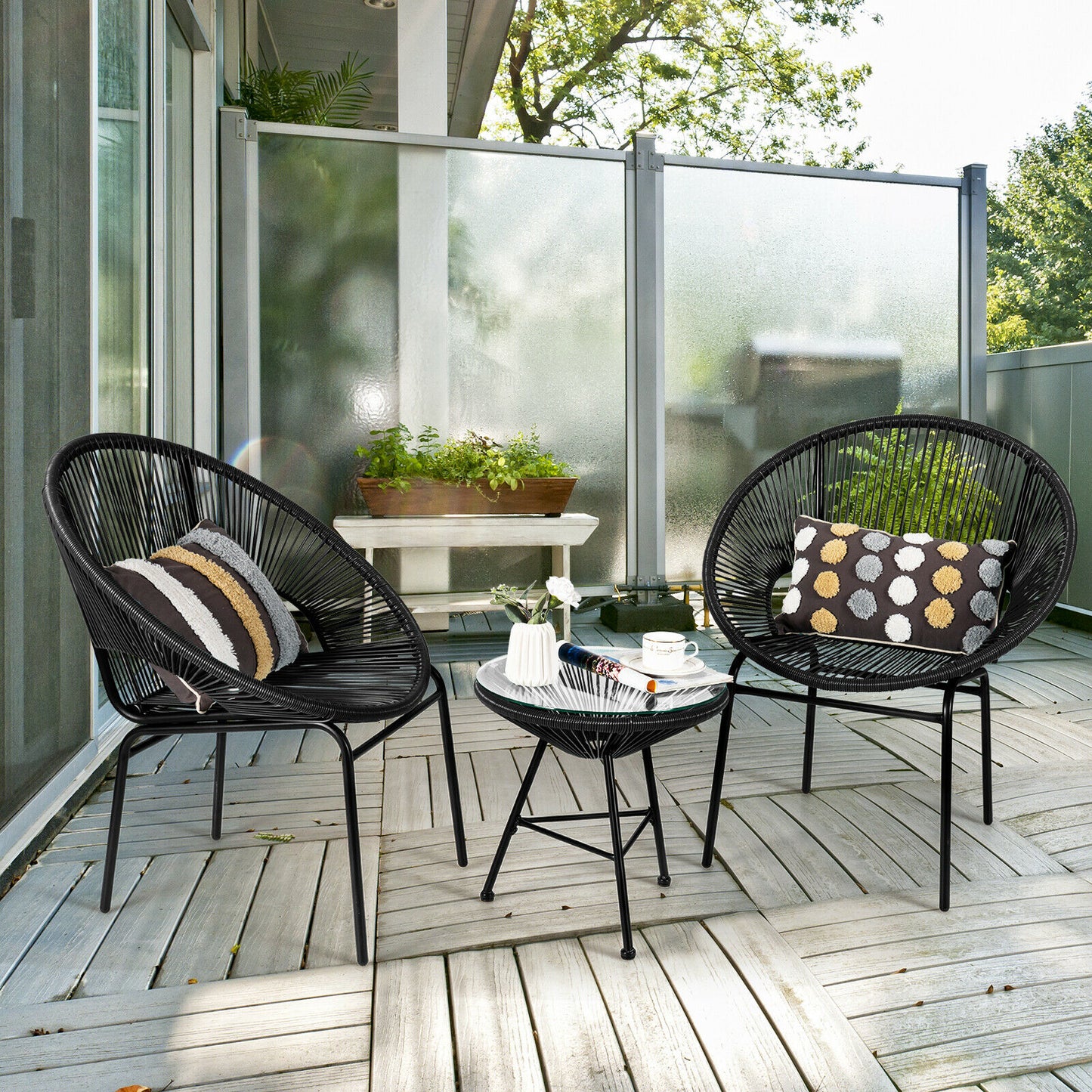 3Pcs Patio Rattan Woven Furniture Set with Glass Table-Black