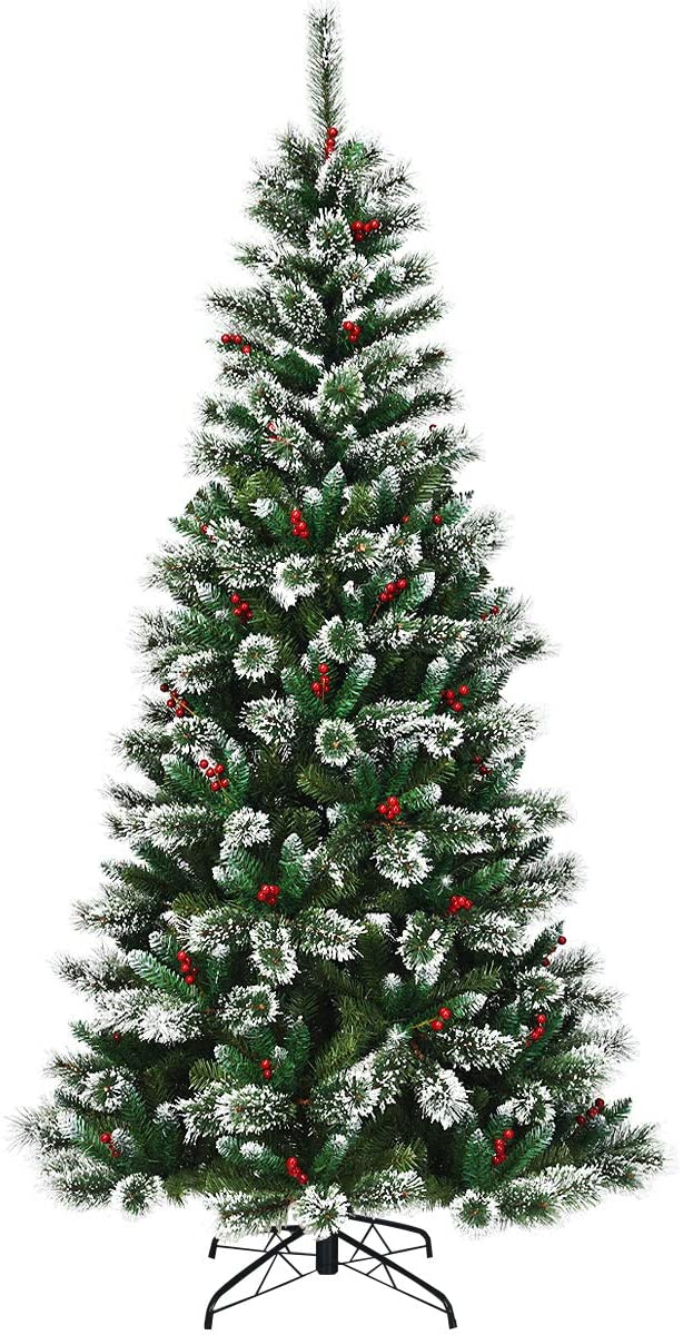 Snow Flocked Christmas Tree with Red Berries and Metal Base-8FT