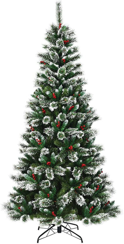 Snow Flocked Christmas Tree with Red Berries and Metal Base-8FT