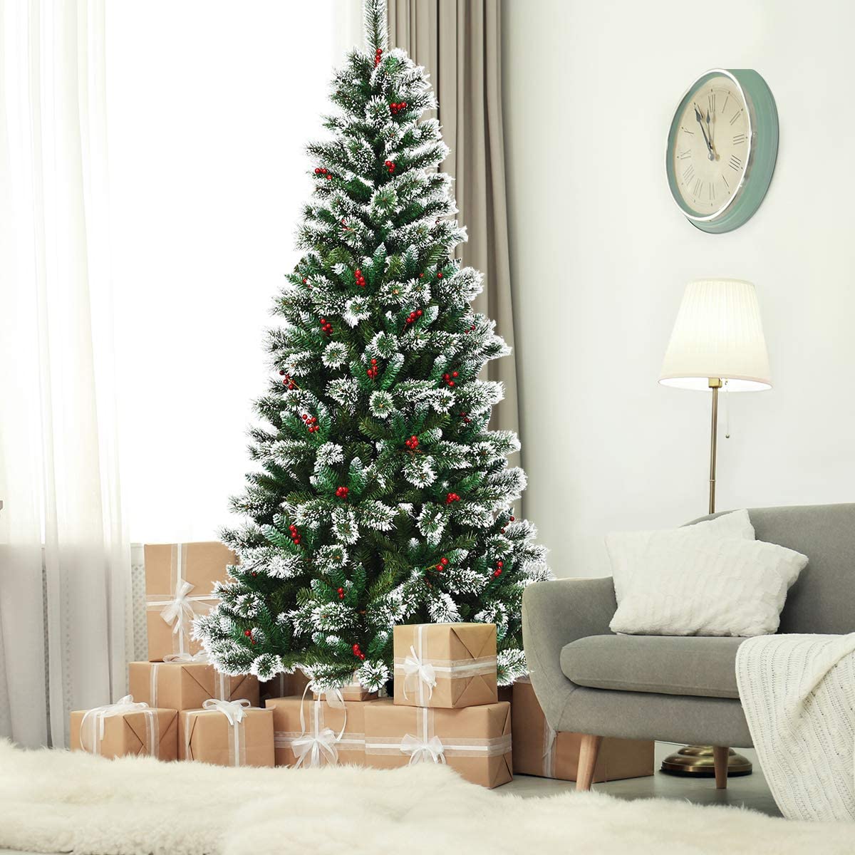 Snow Flocked Christmas Tree with Red Berries and Metal Base-8FT