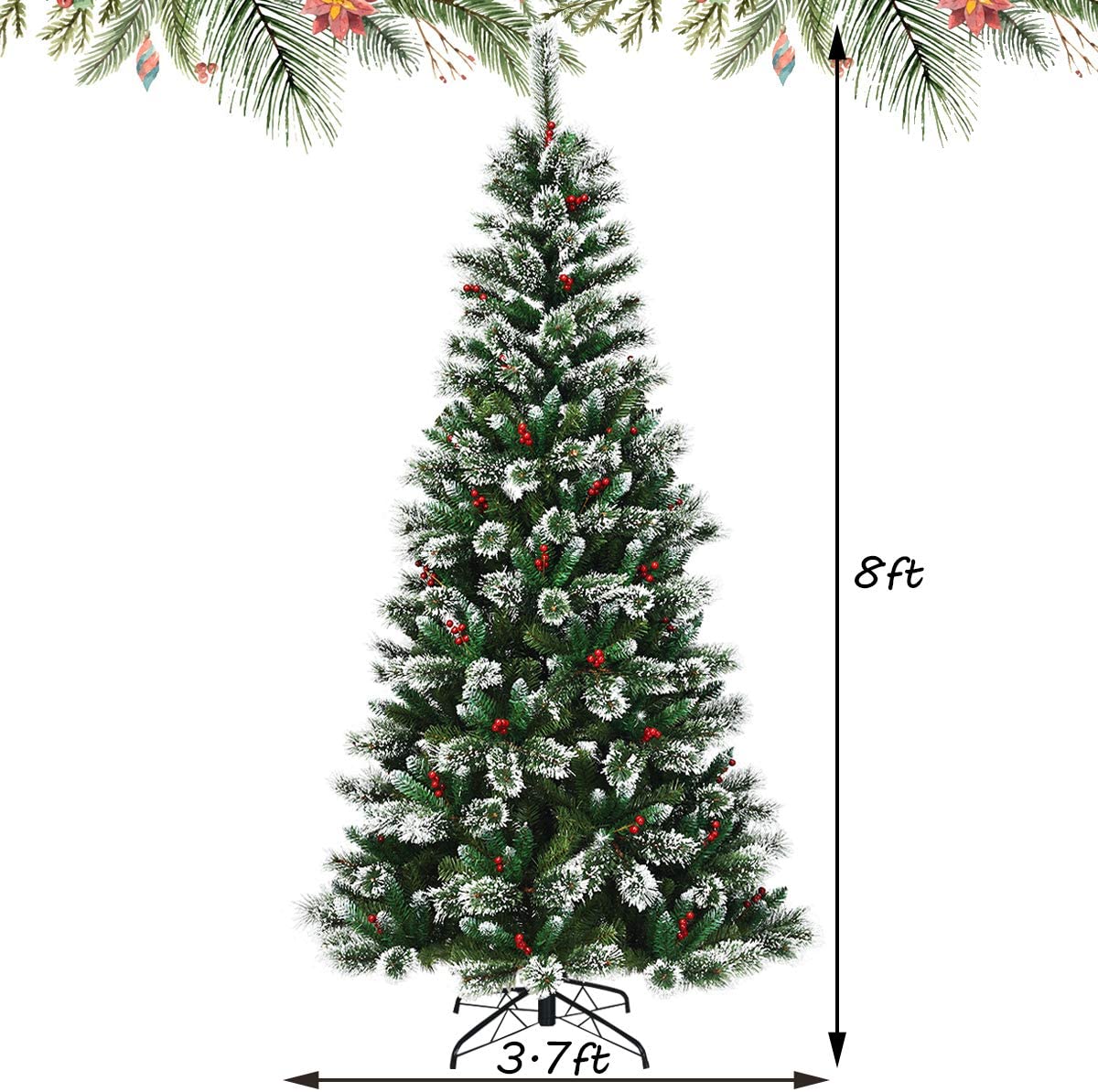 Snow Flocked Christmas Tree with Red Berries and Metal Base-8FT