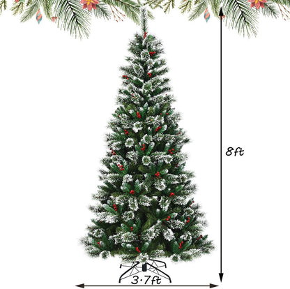 Snow Flocked Christmas Tree with Red Berries and Metal Base-8FT