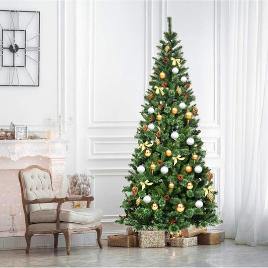 8ft Christmas Hinged Tree with Mixed Pine Needles, Cones, and Metal Stand