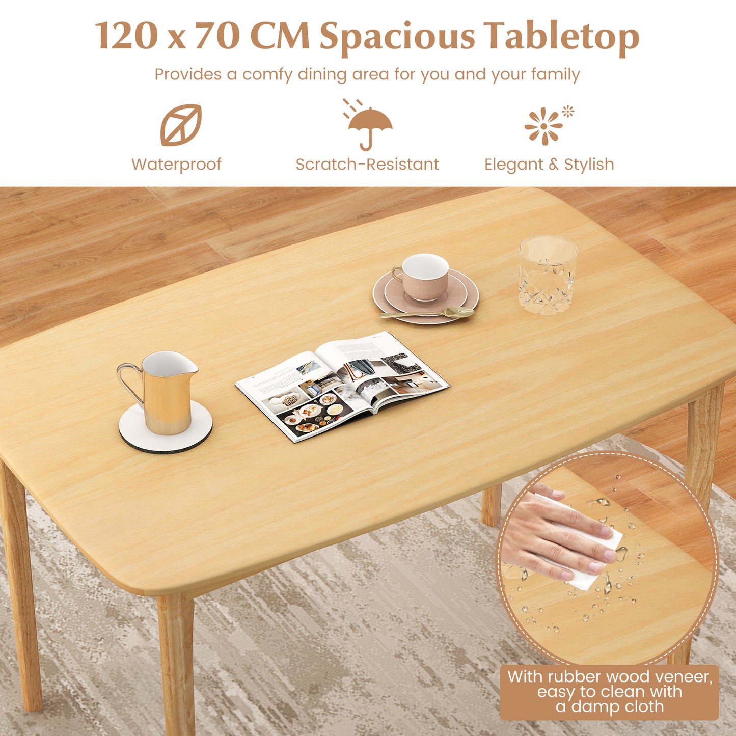 120 cm Wooden Dining Table with Rubber Wood Supporting Legs-Natural