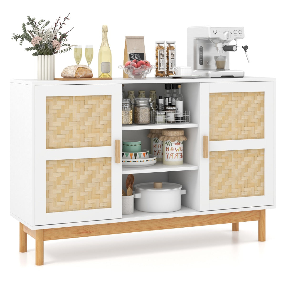 120 CM Sideboard Buffet Cabinet with 2 Bamboo Woven Doors and 3 Open Shelves-White