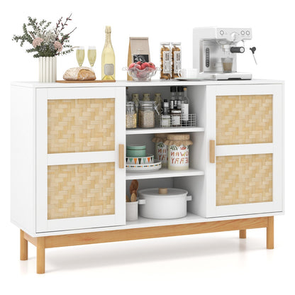 120 CM Sideboard Buffet Cabinet with 2 Bamboo Woven Doors and 3 Open Shelves-White