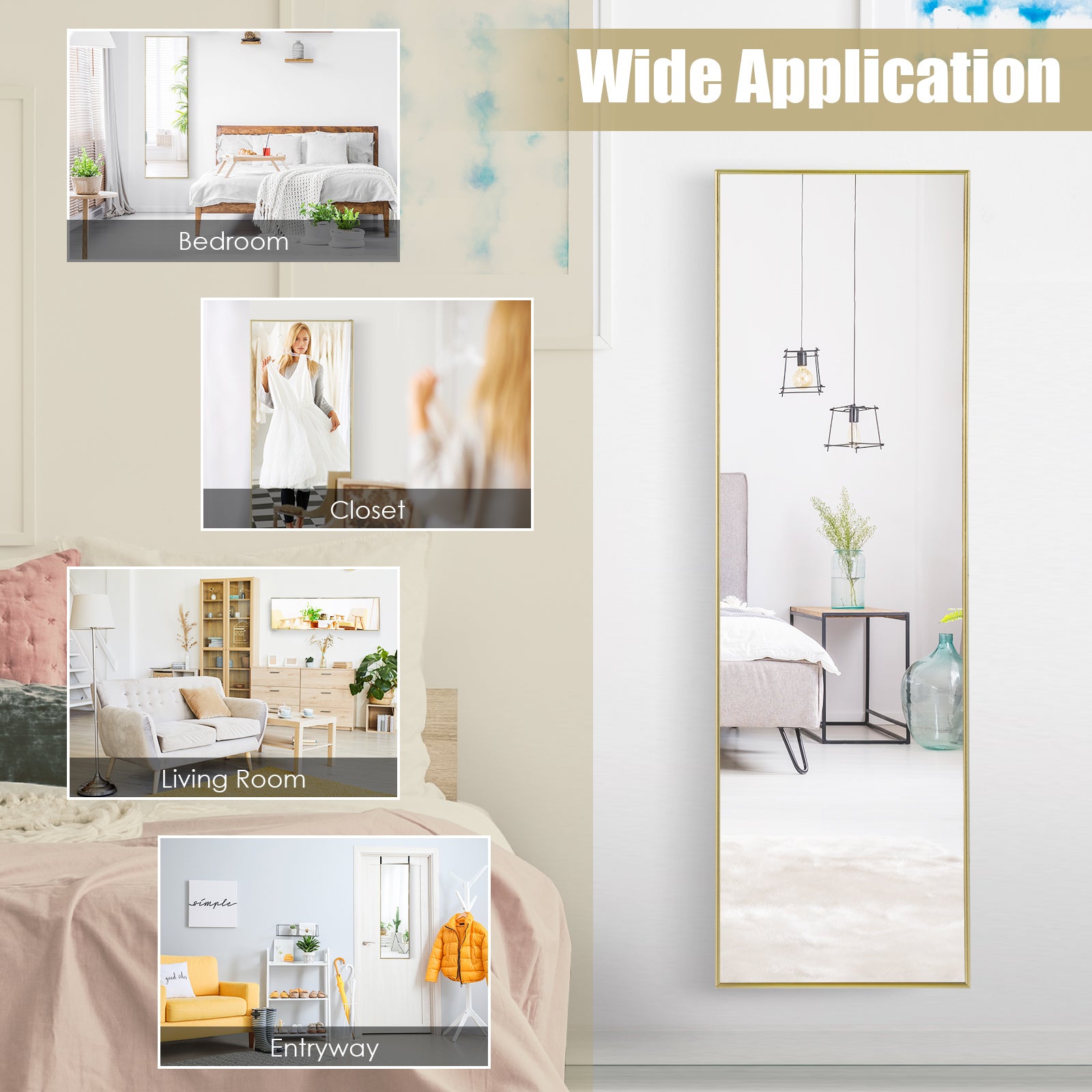 120 x 37 cm Full Length Wall Hanging Mirror with Adjustable Hook-Golden