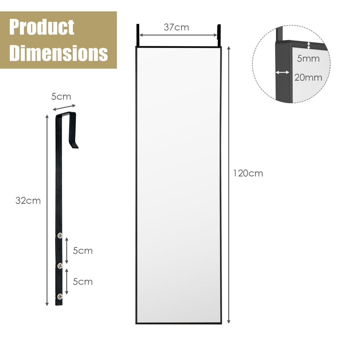 120 x 37 cm Full Length Wall Hanging Mirror with Adjustable Hook-Black