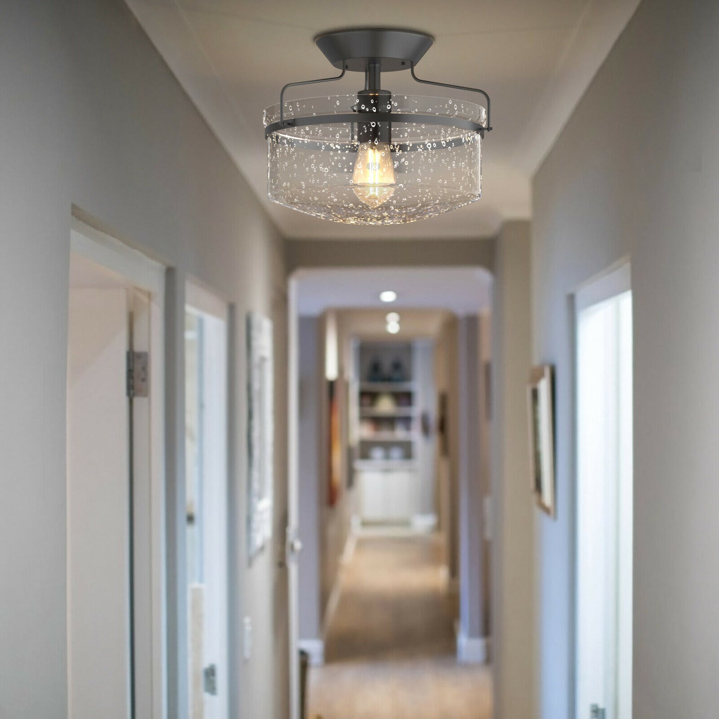 Retro Styled Ceiling Lamp with Seeded Glass Shade (E27 Bulb)
