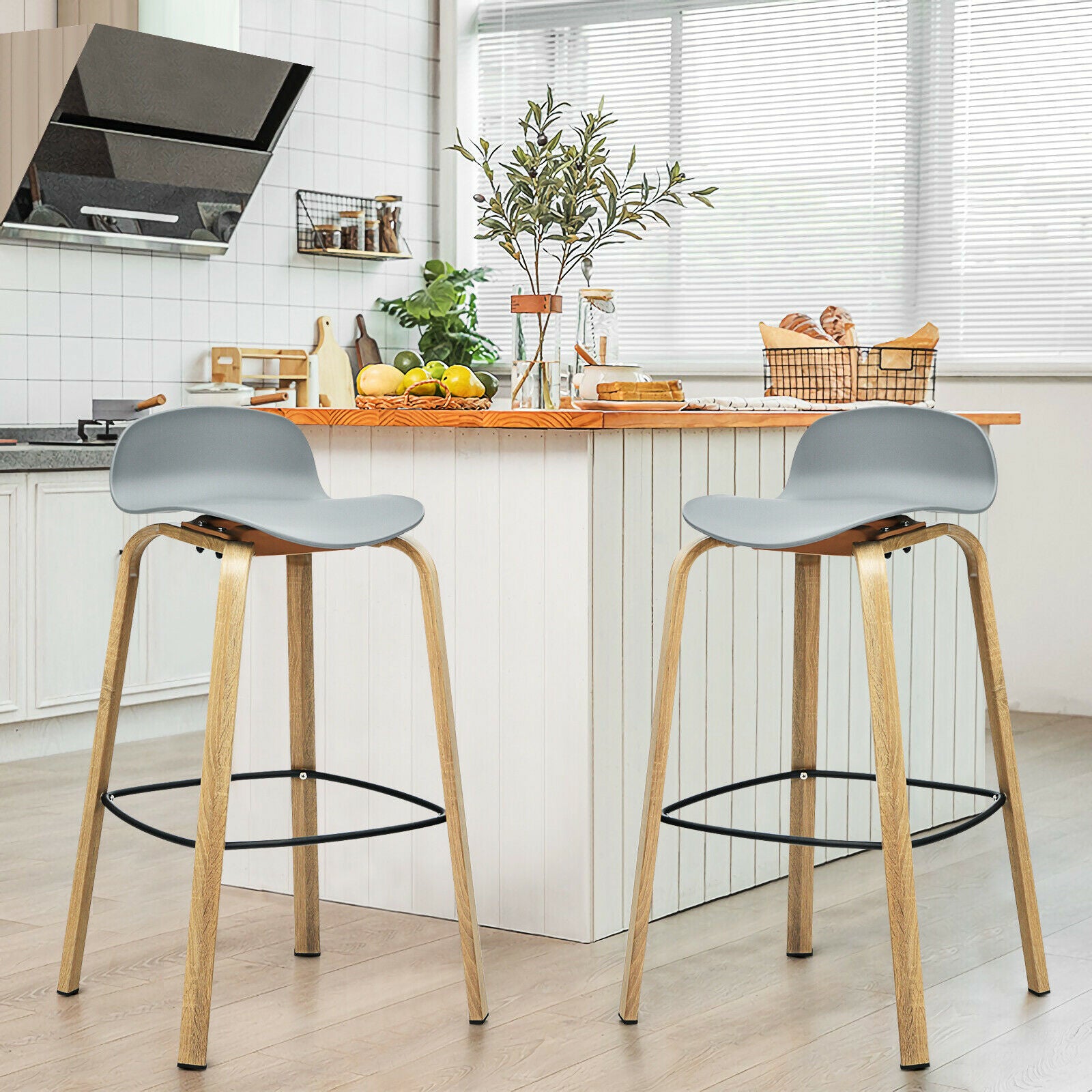 2 x Bar Chairs, High Counter Stools with Footrest-Grey