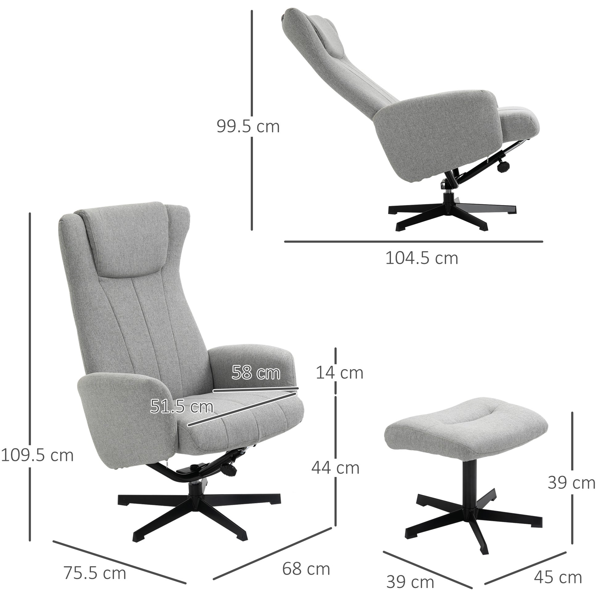 HOMCOM Linen Fabric Recliner and Ottoman Set, Swivel Leisure Lounge Chair with Footstool, 135° Adjustable Backrest and Thick Foam Padding, Light Grey
