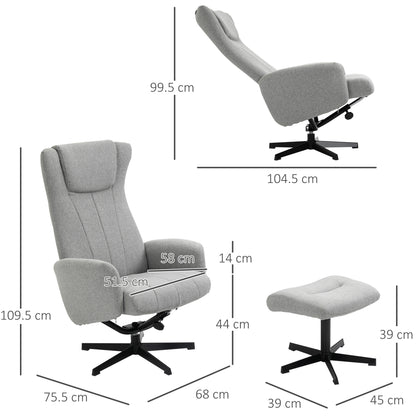 HOMCOM Linen Fabric Recliner and Ottoman Set, Swivel Leisure Lounge Chair with Footstool, 135° Adjustable Backrest and Thick Foam Padding, Light Grey