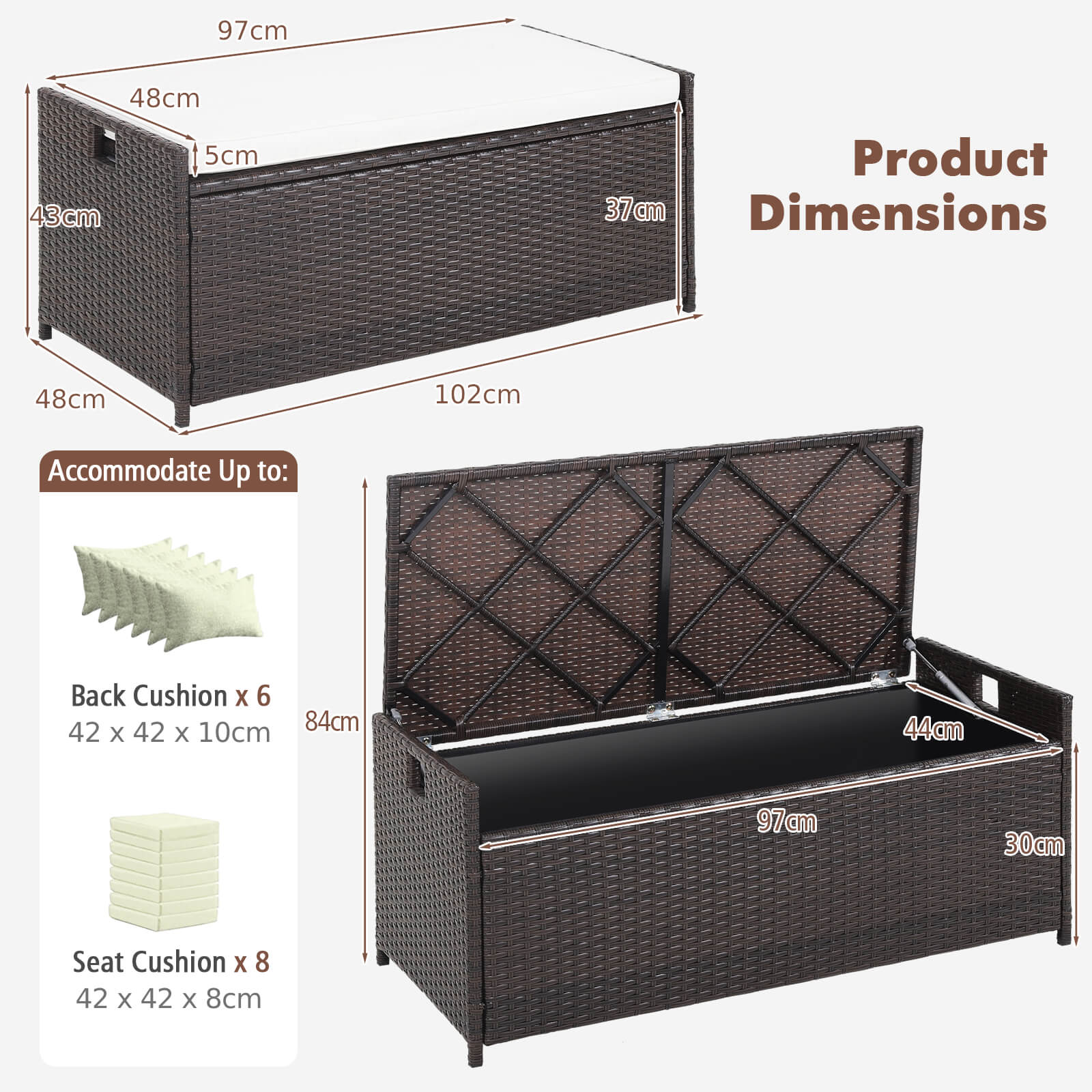 128L Patio Storage Bench with Cushion and Zippered Liner