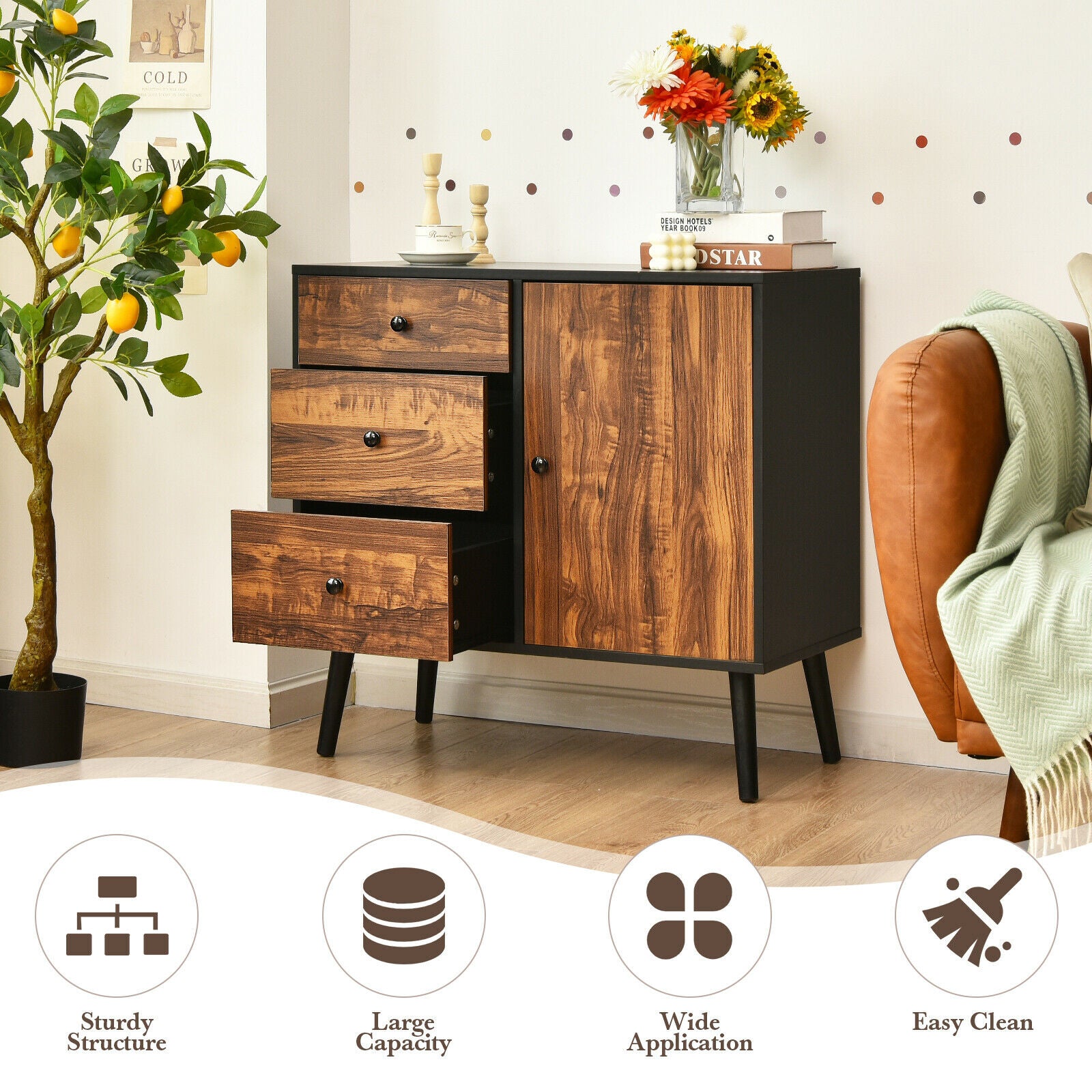 Industrial Wooden Buffet Sideboard with 3 Drawers